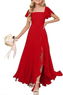 Junior Bridesmaid Dresses for Teen Girls Short Sleeves Girls Chiffon Dress Ruffles Flower Girl Dress with Slit - Buy now