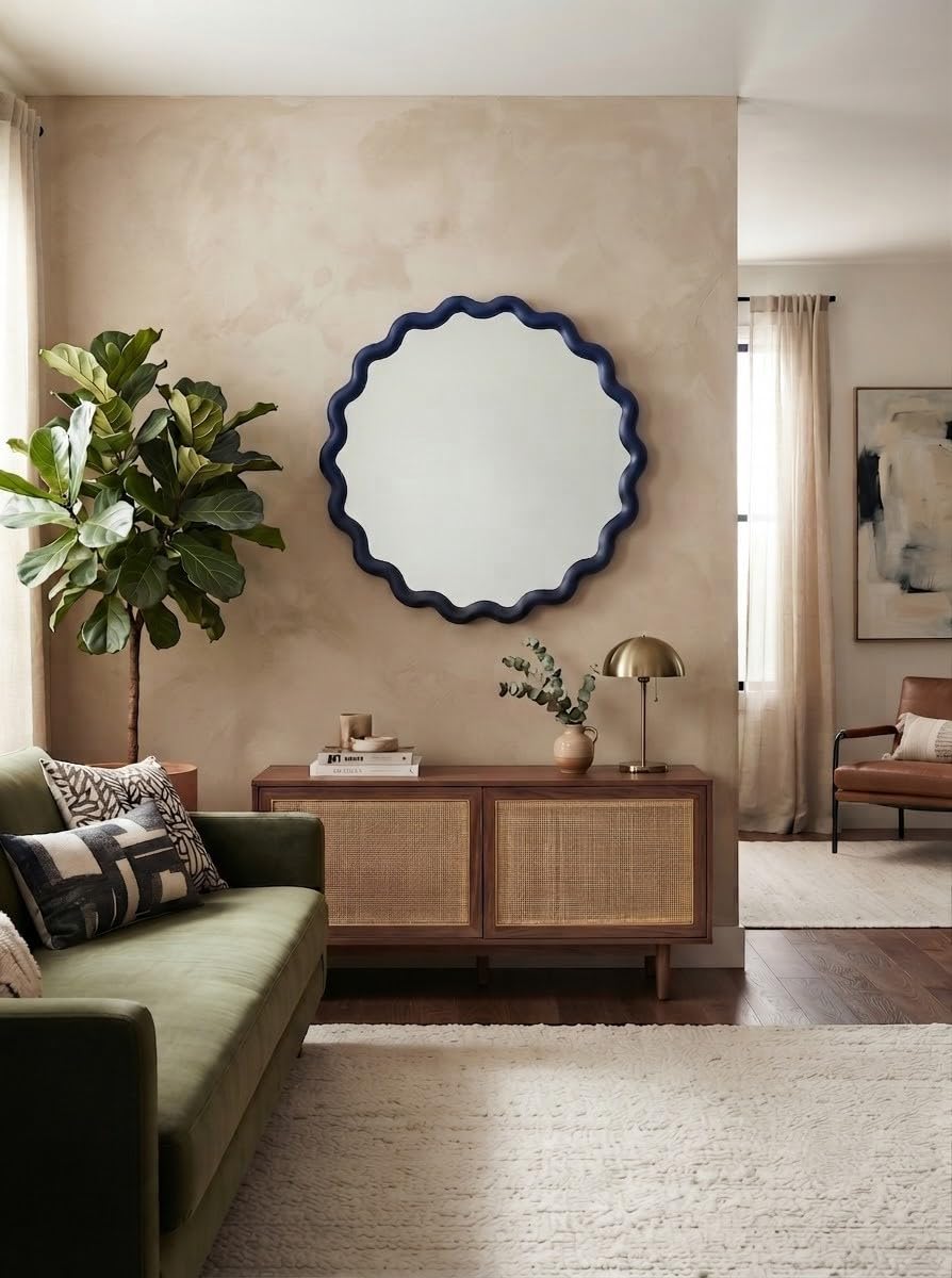 Biznest Round Wavy Edges Style Wall Hanging Mirror Plastic Framed Playful Colors Home Furniture Decor Large Display 49.5x49.5x2.5Cm, BLUE