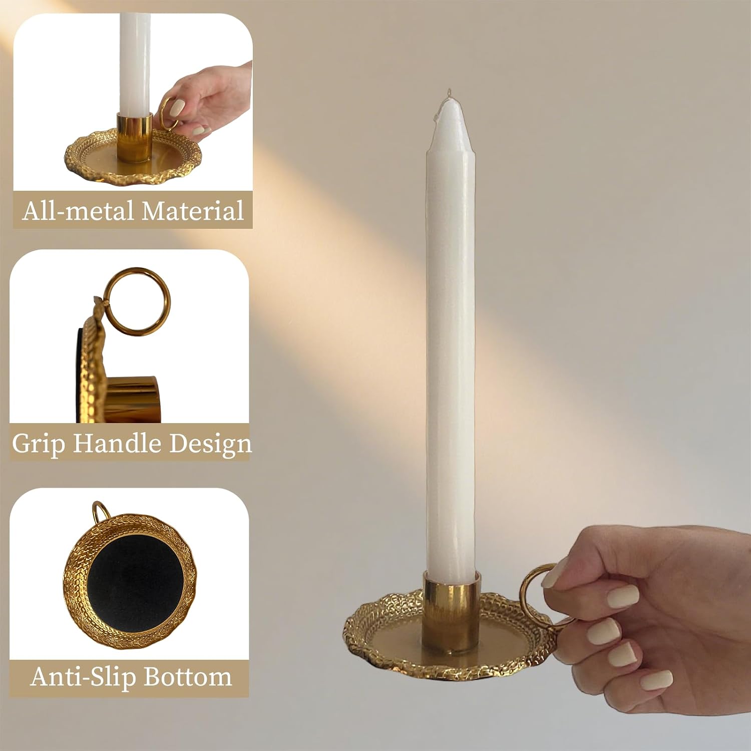 Taper Candle Holders Set of 2 Vintage Candlestick Holders Candlelight Stand with Handle for Home Wedding Table Decor (Gold)