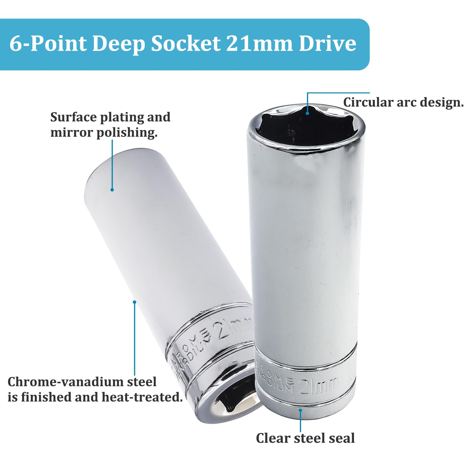 Juttzzei 21mm 6-Point Deep Socket, 1/2 Inch Drive, Chrome Vanadium Steel, Polished Finish, Secure Hexagonal Design, Anti-Rust - Image 4