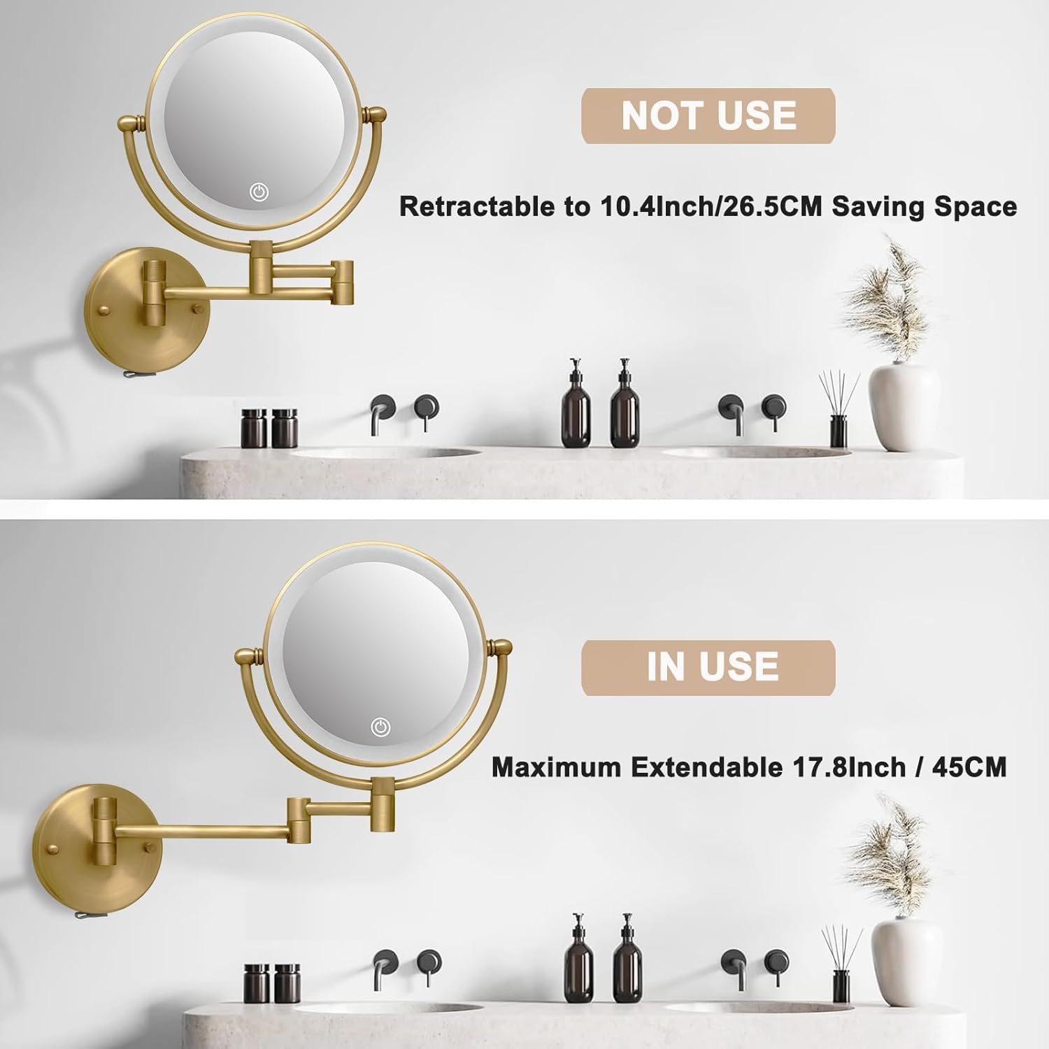 Antique Brass Rechargeable Wall Mounted Makeup Mirror, 1X/10X Magnifying Mirror for Bathroom, 8 Inch 2 Sided 360 Swivel Extendable Arm Vanity Shaving Mirror for Bathroom