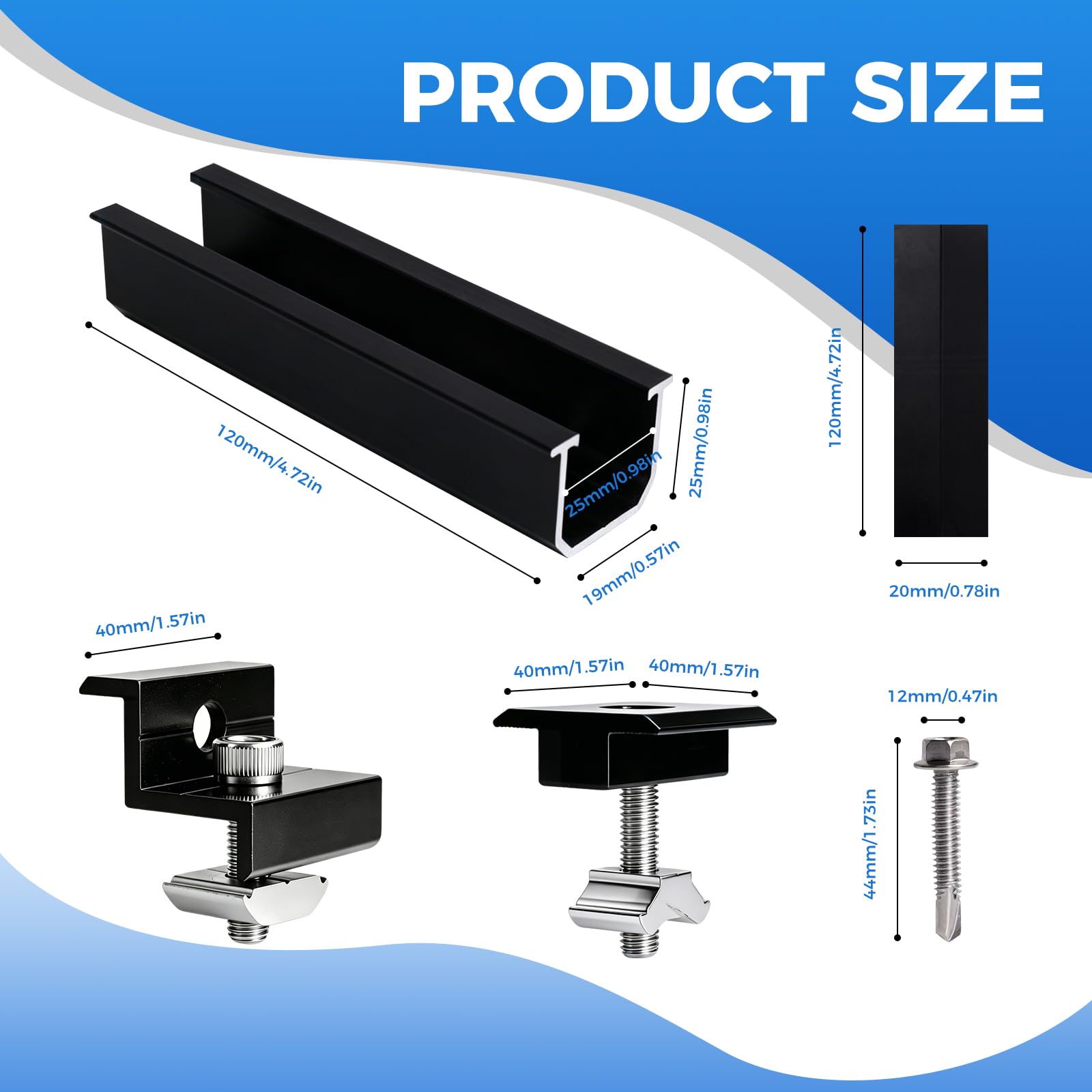 Solarmodul Halterung, Solarmodul Halterung für 4X Module, 12CM Schwarze Schiene + Verstellbare Klemme für 30-35MM Dicke Module, Alu Solarpanel Halterung Flachdach Trapezblech Blechdach