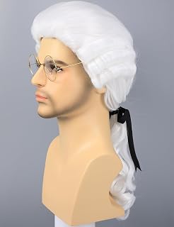 Mens Colonial Judge Wig and Glasses 18th Century Costume White Powered Hair Wig for Men Halloween Costume Cosplay (White)