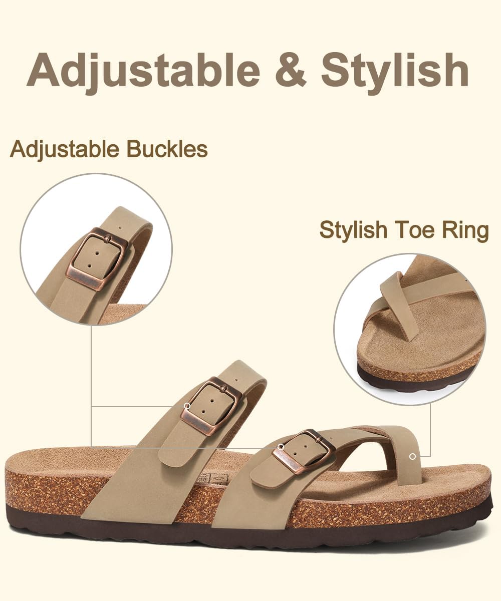  Women's Cork Footbed Sandals with Toe Loop Comfortable Slip On Slides | Adjustable Buckle Straps, Summer Travel Sandals, Beach Casual Style thumbnail