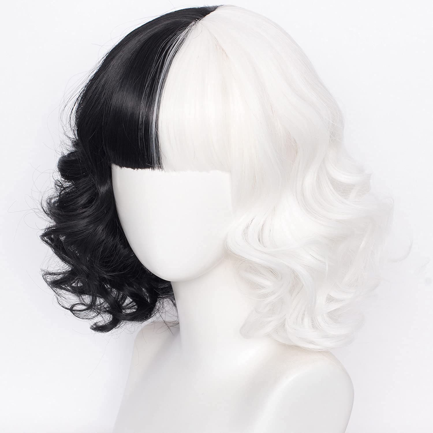 WGPFWIG Short Half Black And Half White Wig 14''Curly Wavy Shoulder Length Pastel Synthetic Cosplay Wig Short Heat Resistant Wig For Halloween Christmas Carnival Party (half black and half white)