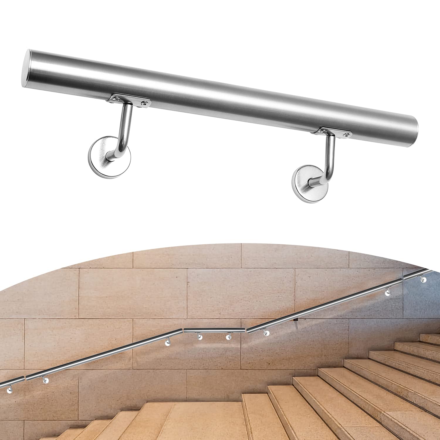 Lospitch - Corrimano, ringhiera per scale, in acciaio inox, a parete, per interni ed esterni, con staffa a parete e cappucci di chiusura per estremità, 110 cm