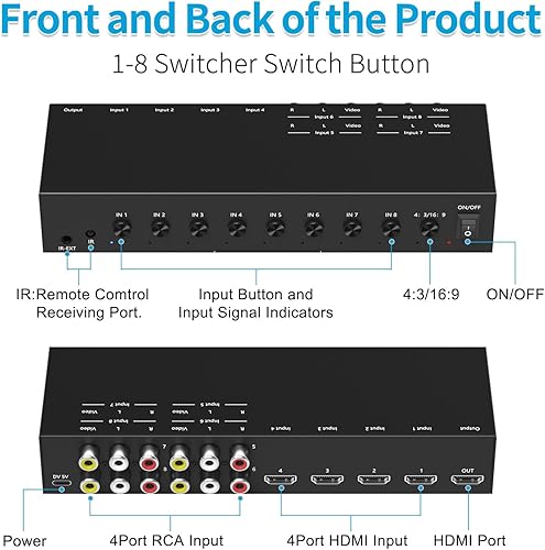 Vista 36 de Convertidor AV a HDMI de 4 puertos, conmutador AV a HDMI de 4 puertos con control remoto IR, compatible con 16:9/4:3 y interruptor rápido compatible