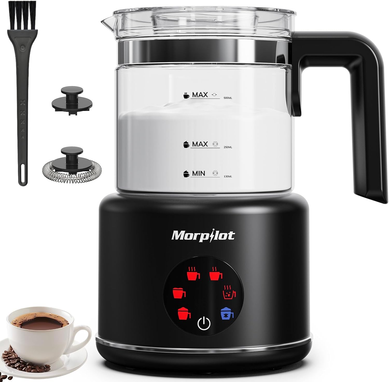 6 in 1 Montalatte Elettrico,600w Schiumalatte a induzione magnetica, 500 ml, Vetro borosilicato, lavabile in lavastoviglie, Design Diviso, per Cappuccini e Bevande Calde, Monta e Riscaldare