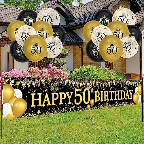 Image of 50th Birthday Decorations - Black Gold 50th Birthday Banner and Balloons for Indoor /Outdoor Parties