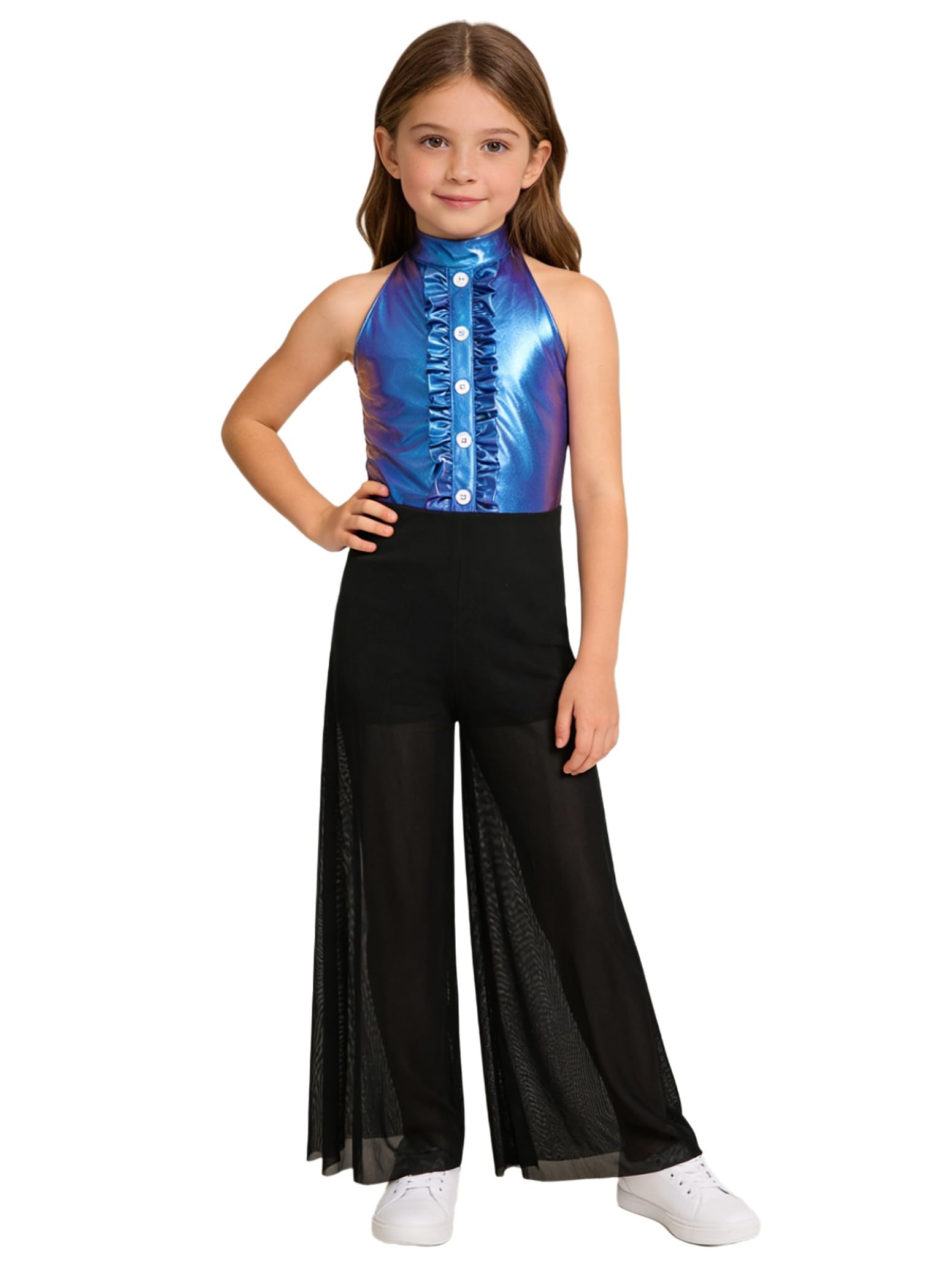 inlzdz Kids Girls Hip Hop Dance Outfits Retro 70s 80s Rock Disco Costume Flowy Mesh Overlay Pants Romper Blue 7-8 Years โ image 1