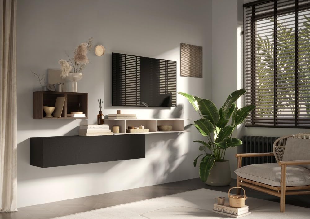 Parete Attrezzata Moderno per Soggiorno Sospesa 190x120 cm Composta da 2 Cubi 1 Mensola e 1 Pensile Apertura Vasistas/Ribalta Beige Grafite e Noce PAL55