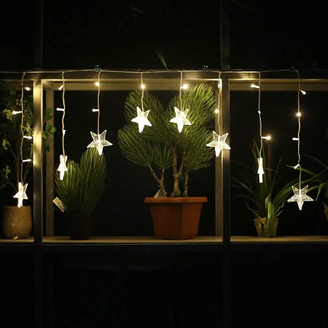 YASENN 28LED Star Icicle Lights,Fairy Lights Design for Porch Window Curtain Decoration (Warm White LED White Cable)