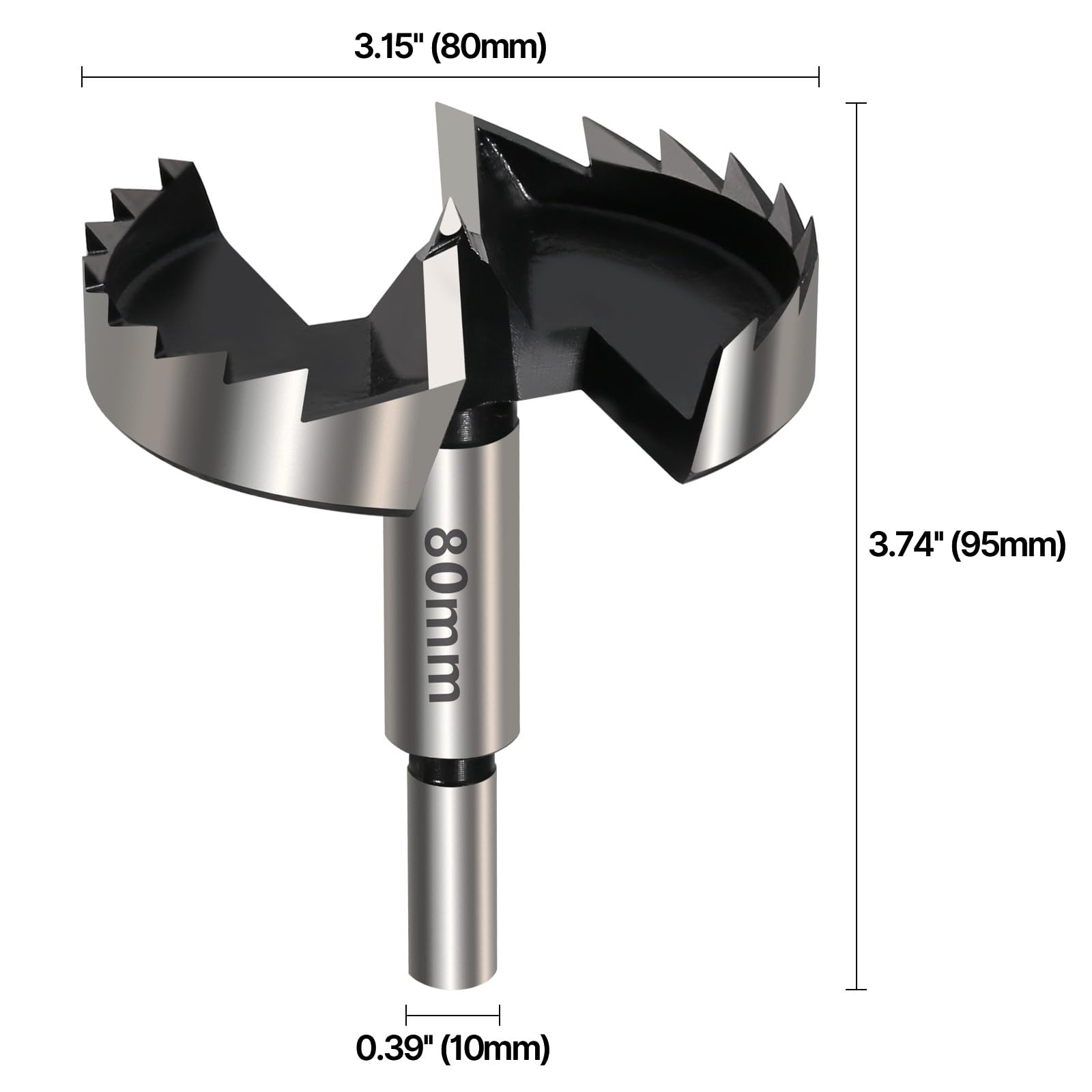 Punta Forstner da 80 mm - Multi-denti - In acciaio ad alta tenuta di carbonio - Con asta tonda - Per legno, legno massiccio, MDF, plastica, pannelli di truciolato, compensato