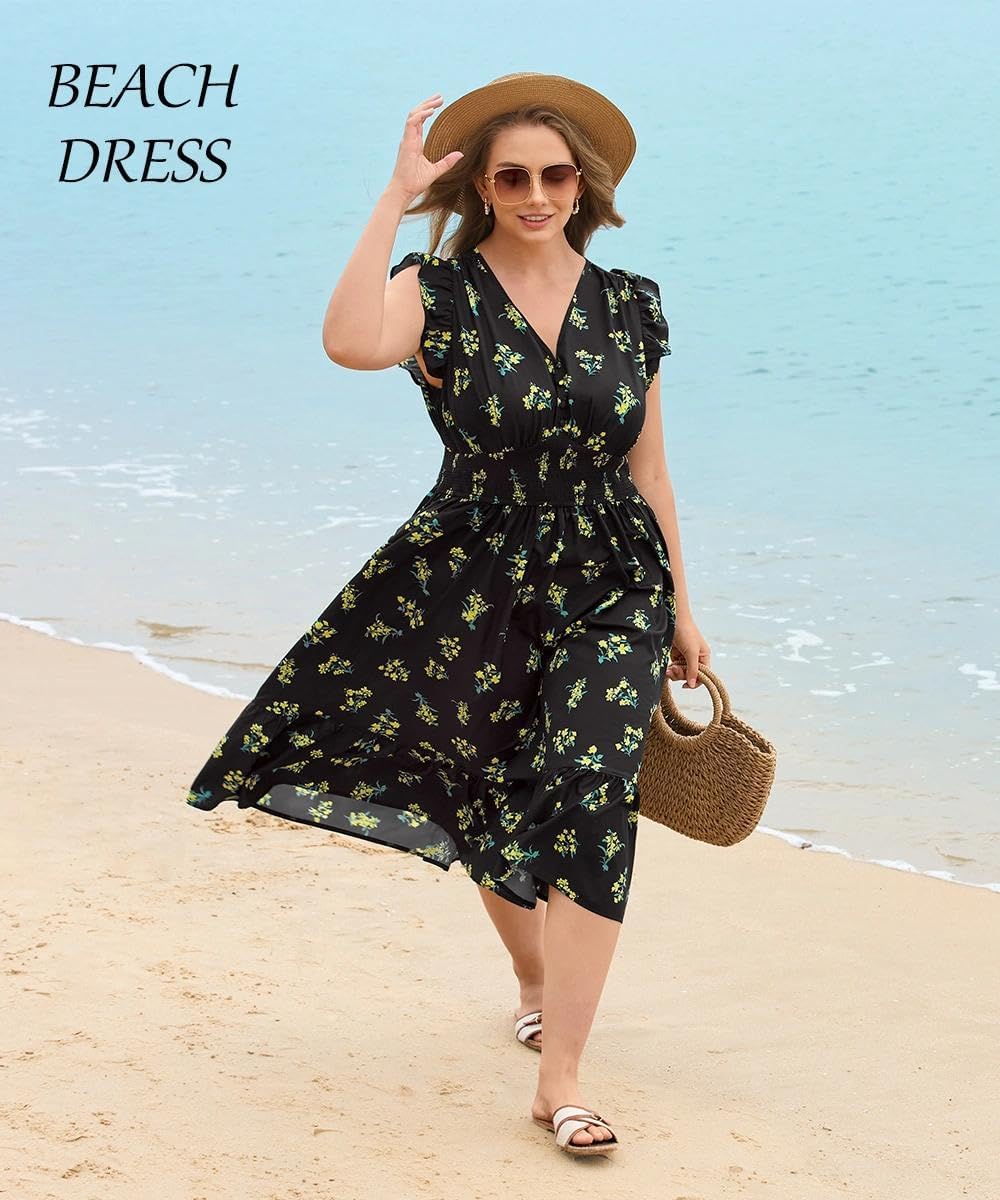 RITERA Womens Plus Size Summer Dresses V Neck Boho Floral Midi Dress Ruffle Sleeve Smocked Casual Sundress with Pockets