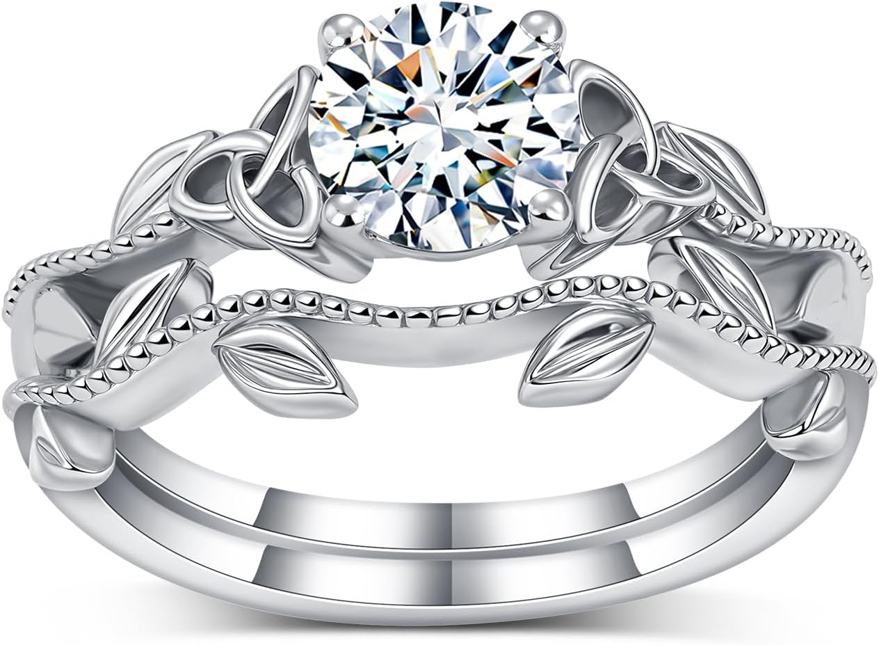 Celtic Knot Round Cut Moissanite Wedding Ring Set for Women, 10K 14K 18K Gold Leaf 1-2 Ct Moissanite Engagement Ring Wedding Band Promise Bridal Ring Sets Jewelry Gifts for Her