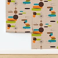 Vista 4 de Muestras de papel tapiz removibles - Tan Geométrico Mod Retro Atómico Abstracto de mediados de siglo Vintage Verde Marrón Naranja Círculos Turquesa