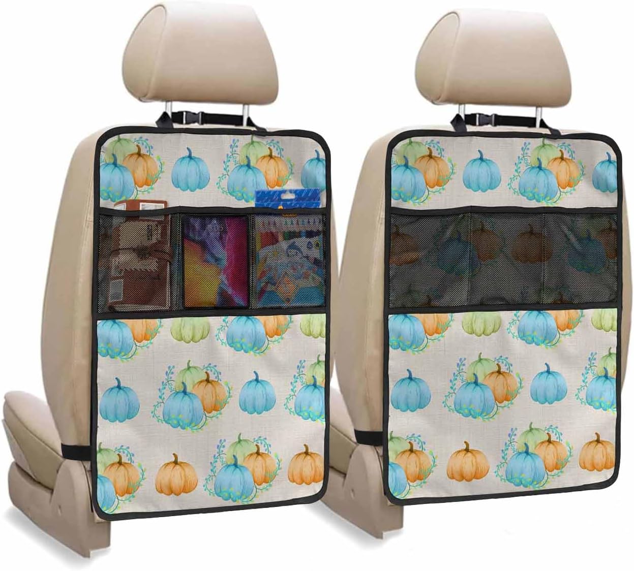 T&H XHome Car Seat Protector, 2 Pack Kick Mats Back Seat Protector Fall Autumn Orange Blue Green Pumpkin Waterproof Backseat Cover for Kids Universal Fit Automotive Interior Protectors