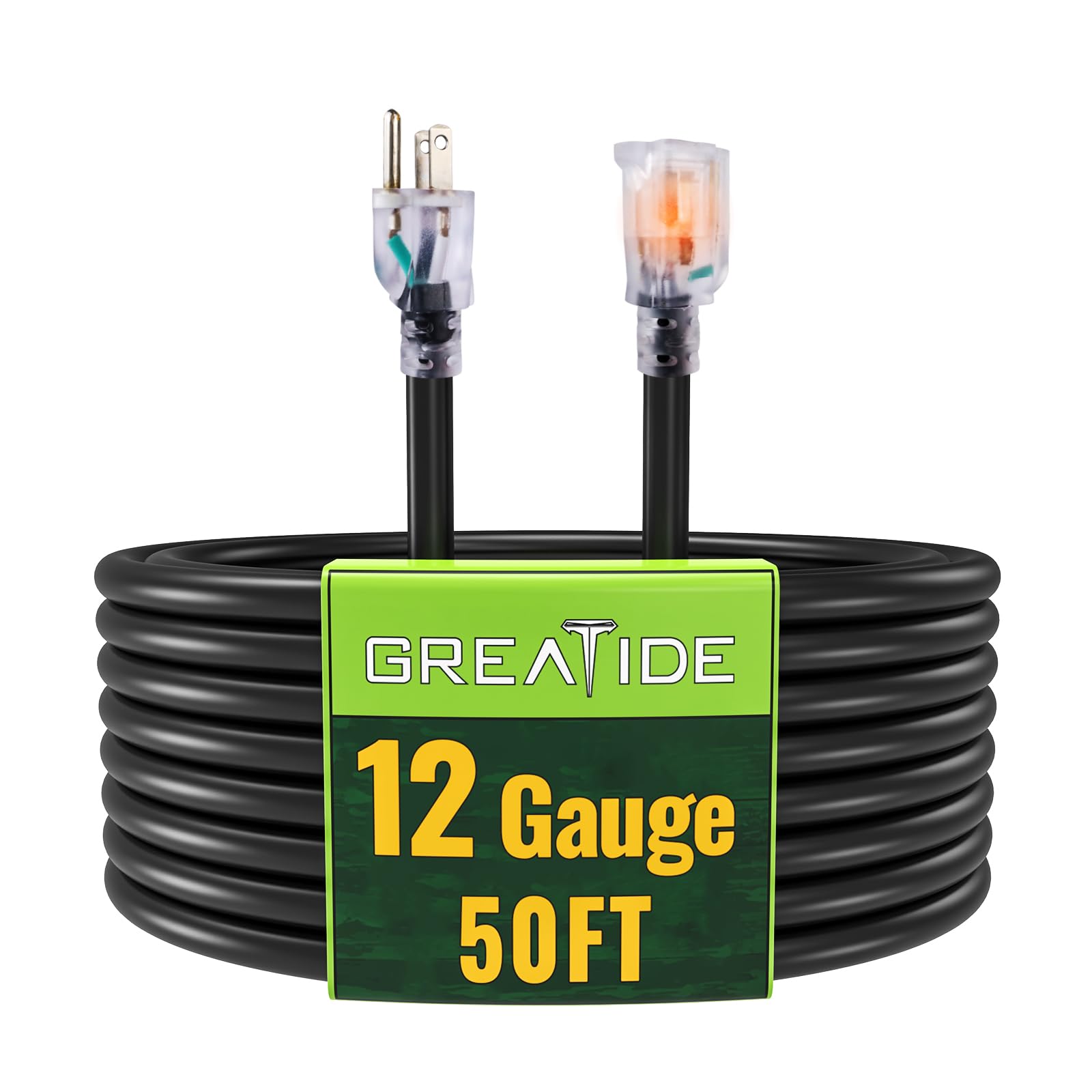 12/3 SJTW Heavy Duty Black Extension Cable with 3 Prong Grounded Plug - 15 A Power Cord for Lawn, Garden, Appliances