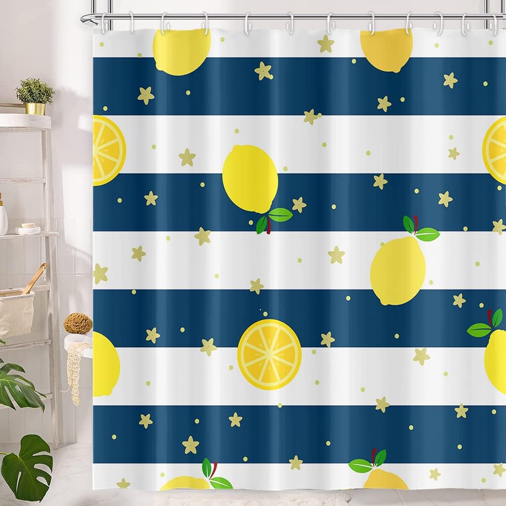 Cute Lemon Shower Curtain Yellow Fruit Green Leaves Plant Navy Blue Stripes Pattern Design Shower Curtain 72x84 Inch Durable Waterproof Polyester Fabric for Bathroom Decor with Hooks