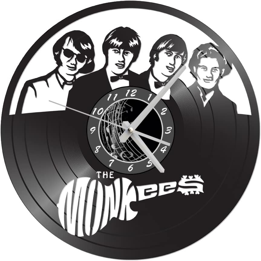 12 inch Black Recycled Vinyl Record Clock - Vinyl Decor for Walls - Records for Walls - Record Decor - Suitable with Monkees Band Decor - Rock pop Band Wall Clock