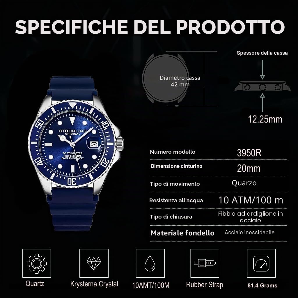Stührling Orologio subacqueo da uomo Original, cassa in argento da 42 mm con corona a vite, cinturino in gomma, resistente all'acqua fino a 100 m.