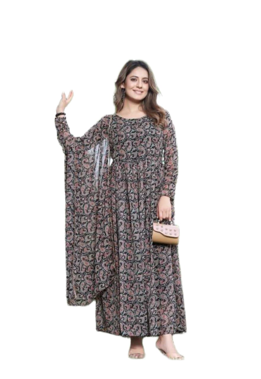 Womens Delta Full Sleeves Round Neck Gown Featuring Paisley Design with Pants and Dupatta 3 Piece Ethnic Wear (Black)-image-4