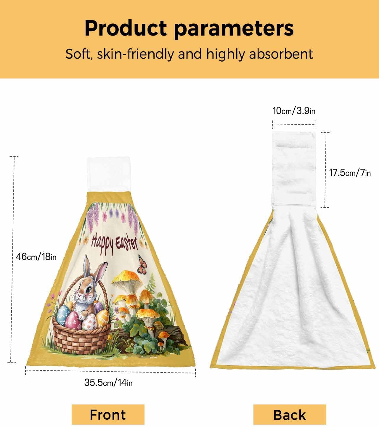 Happy Easter Kitchen Hand Towels with Hanging Loops Set of 2 Rabbit Eggs Spring Mushrooms Flowers Yellow Soft Thick Oven Fingertip Dry Microfiber Tie Dish Towel Absorbent Cleaning Washcloth