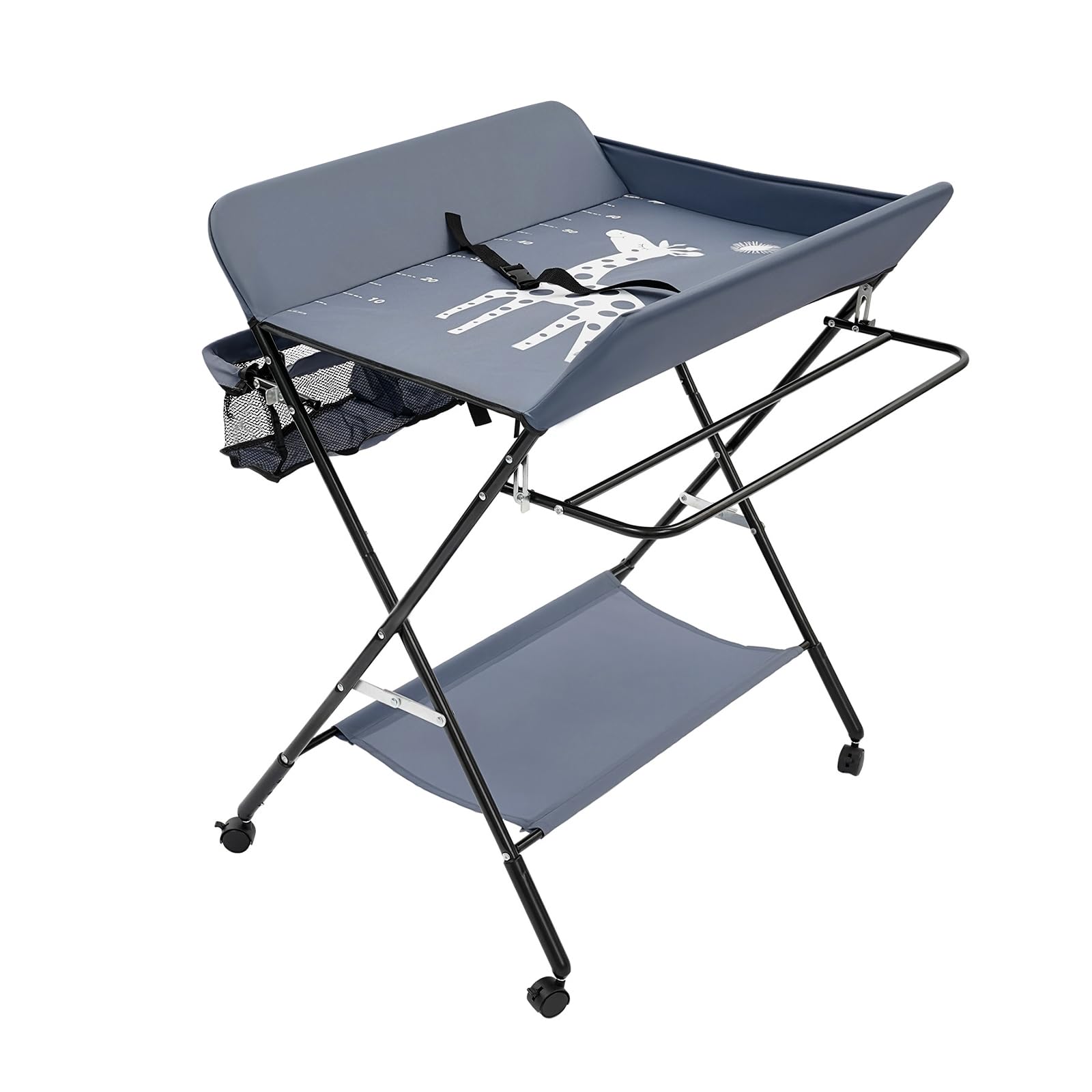 Fasciatoio regolabile in altezza con 4 ruote e freni, fasciatoio pieghevole con contenitore per bambini, 80 x 63 x 96 cm, grigio