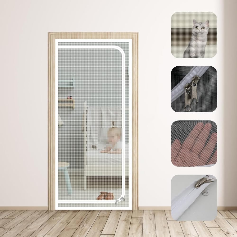 Puerta mosquitera reforzada para gatos, a prueba de mascotas con cremallera para uso en puerta, mantiene a las mascotas seguras y seguras