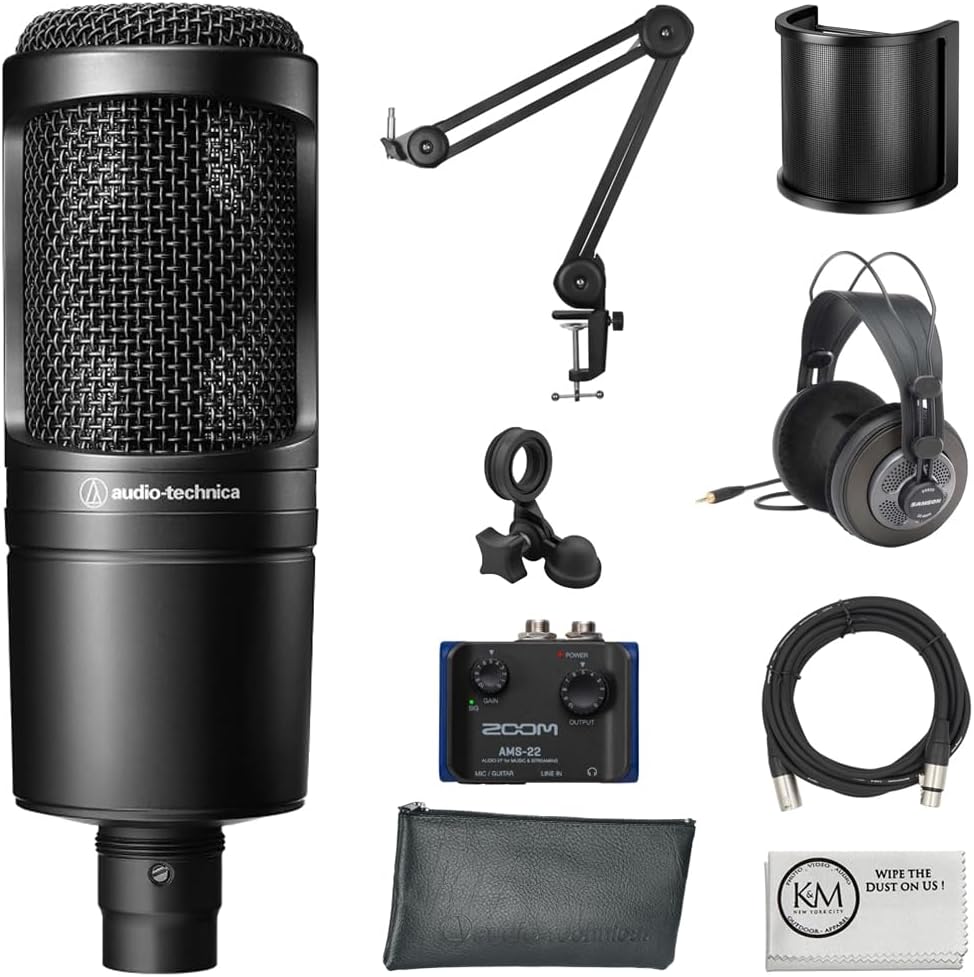 Audio-Technica AT2020 Paquete de micrófono condensador cardioide con interfaz de audio + auriculares de estudio + brazo de micrófono + filtro pop + cable XLR + paño de limpieza (7 artículos)