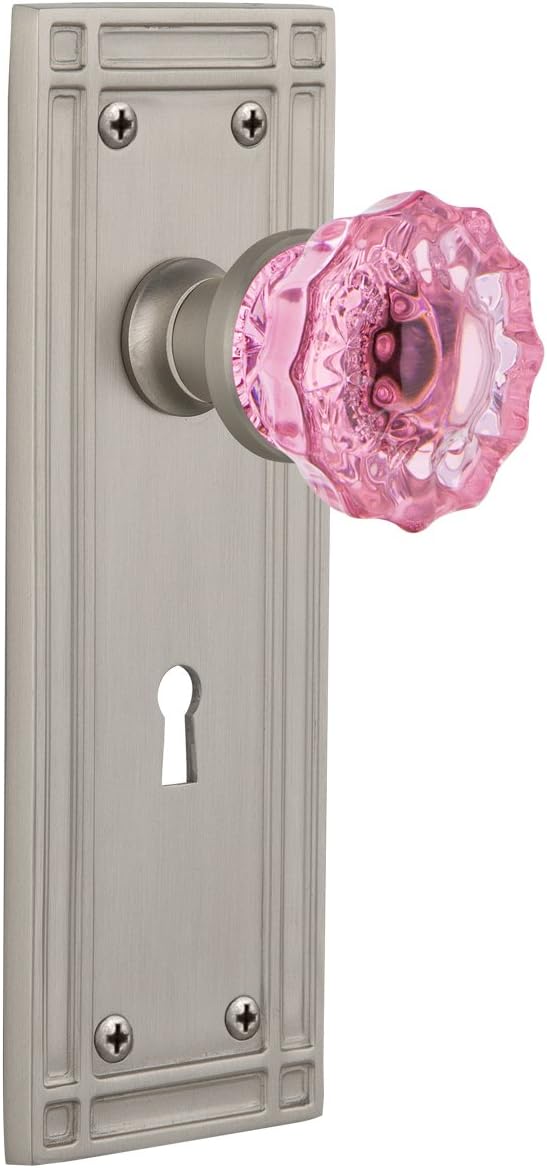 Nostalgic Warehouse 722907 Mission Plate with Keyhole Single Dummy Crystal Pink Glass Door Knob in Satin Nickel