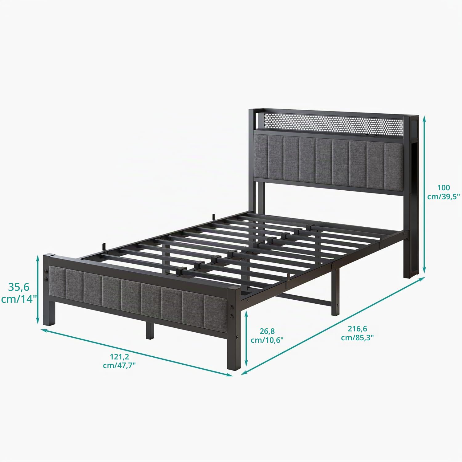 Struttura per letto matrimoniale/singolo con stazione di ricarica - Letto aggiuntivo in metallo - 120 x 200 cm - Per camera - Grigio