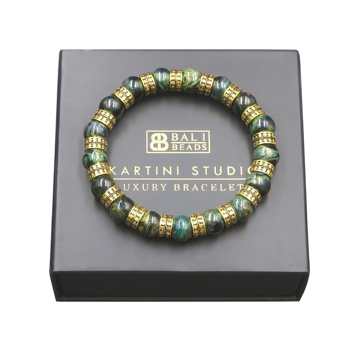Kartini Studio Men's Luxury Bead Bracelet, Jade and 22 Karat Gold Bracelet, Dark Green Nephrite Jewelry, Gift for Man