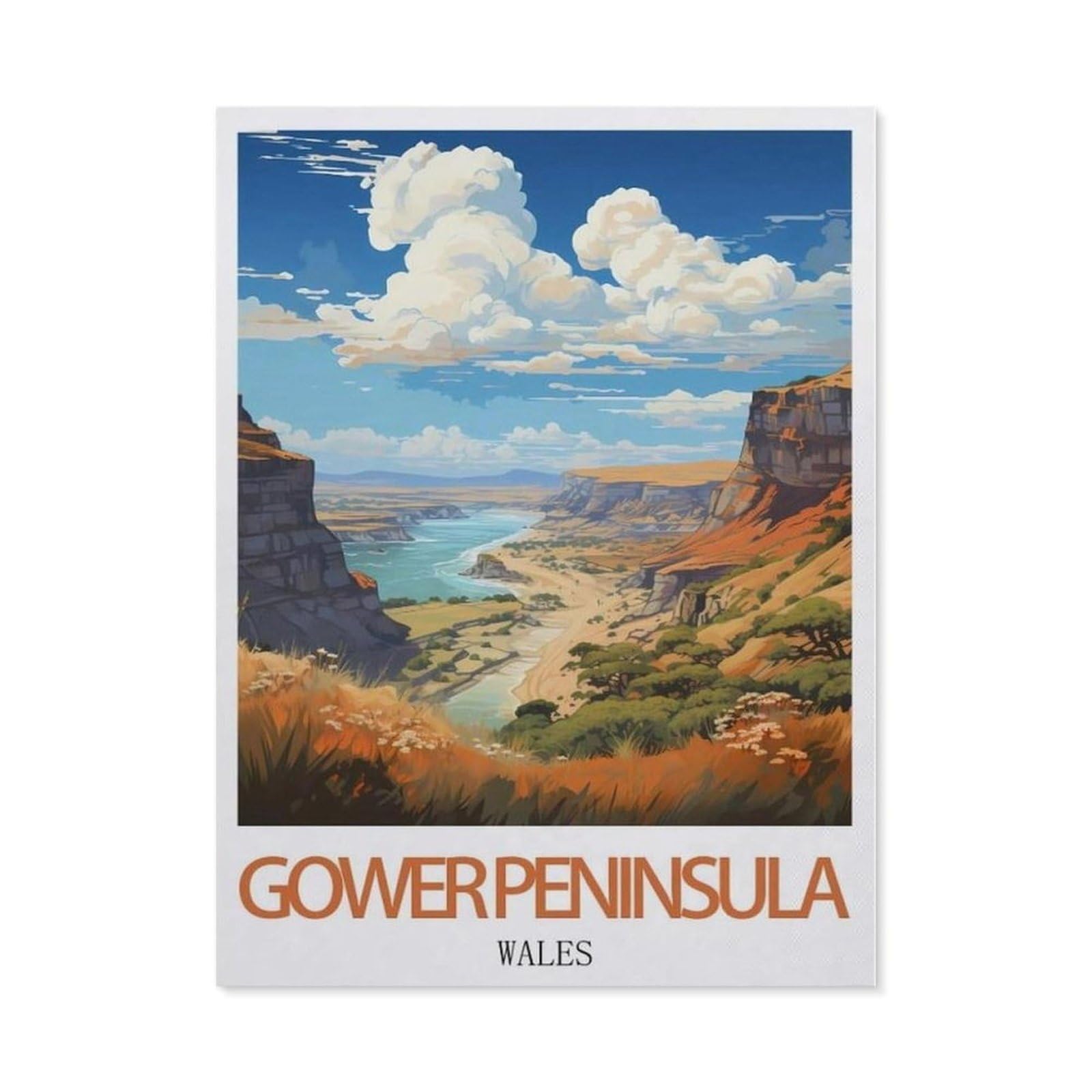 Beayodkp （50 X 60 Cm/19.68 X 23.62 Inches） 5D Diy Diamond Painting，Gower Peninsula Wales Vintage Travel Poster，Art Living Room Wall Decoration Gift-Cf61