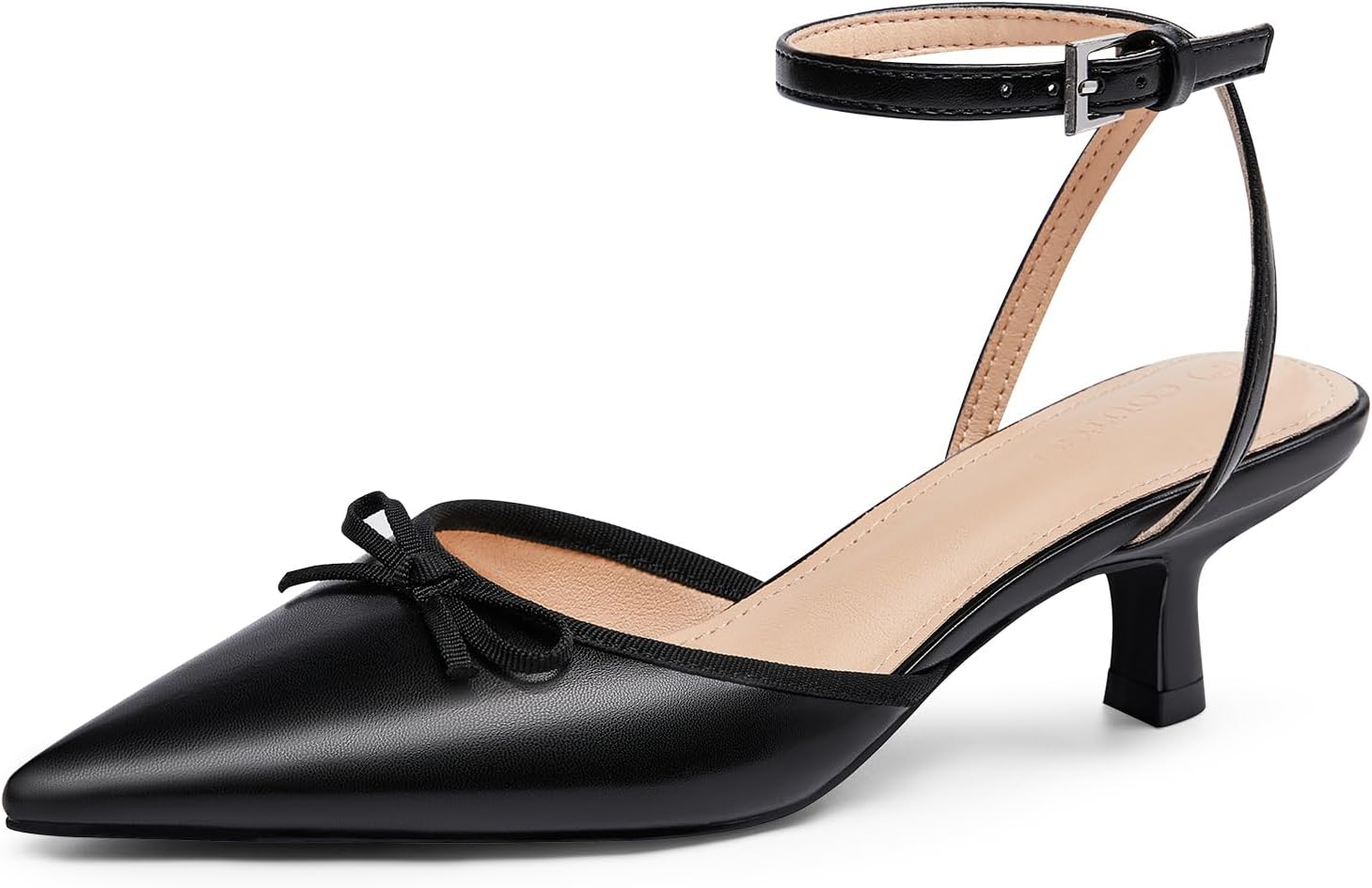 Coutgo Satin Kitten Low Heels with Bow Closed Pointed Toe Short Pumps Dress Wedding Party Shoes