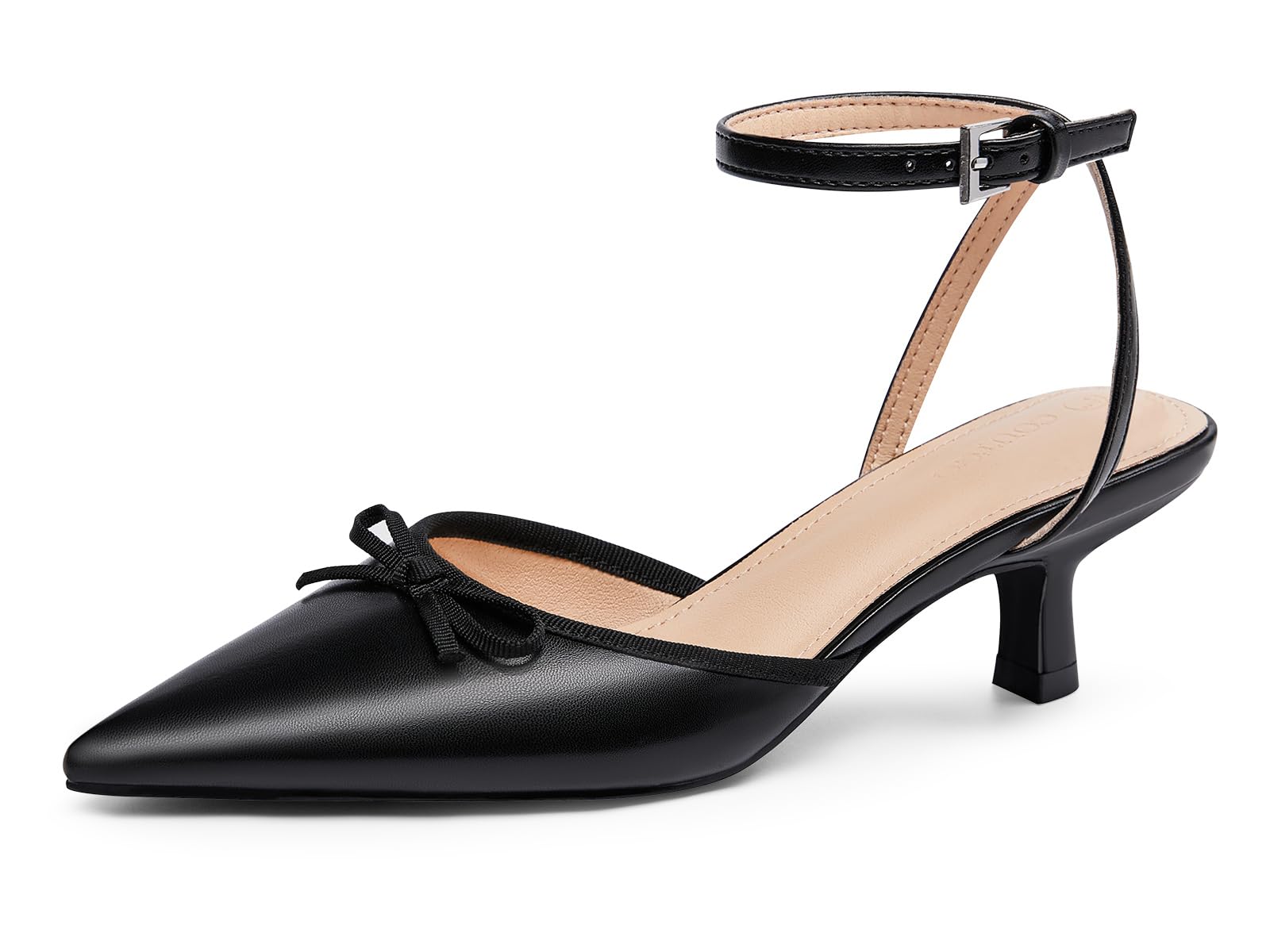 Coutgo Satin Kitten Low Heels with Bow Closed Pointed Toe Short Pumps Dress Wedding Party Shoes