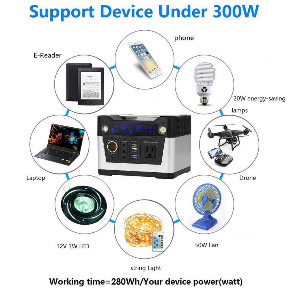 Central eléctrica portátil de 288Wh Batería de Litio Generador Solar de 300W con tomacorriente de 110V AC, QC3.0 USB, 12V / 24V DC, Linterna LED, para el hogar, al Aire Libre, Camping, Pesca