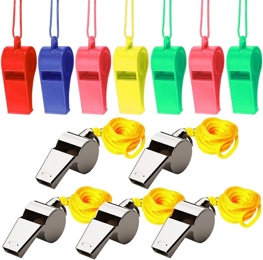 kuou 12pcs Sports Whistles, 7 Plastic Whistles and 5 Metal Whistles