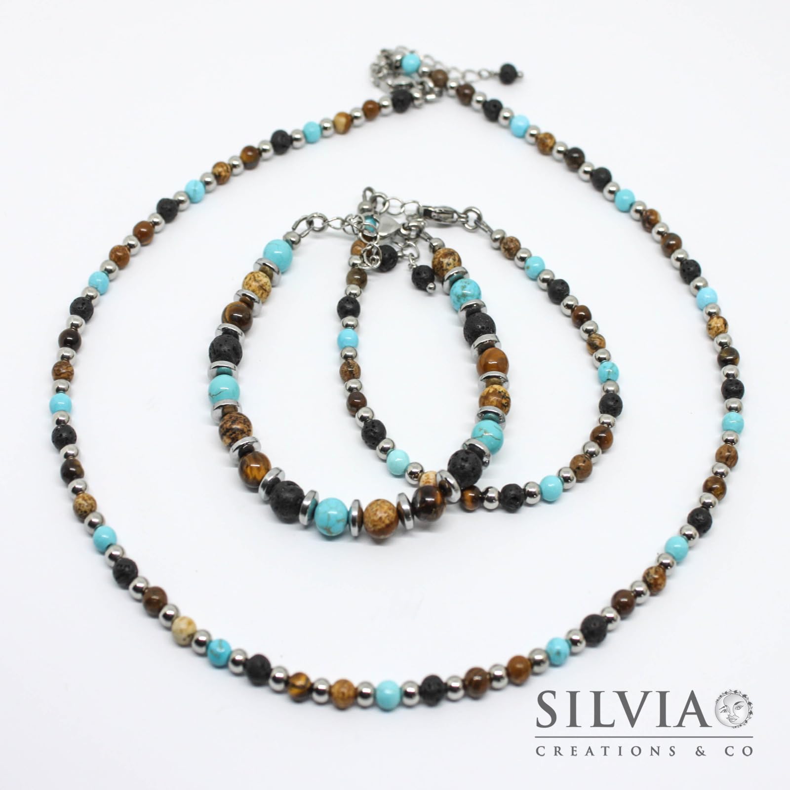 Collana Uomo Pietre Dure Naturali Pietra Lavica Occhio di Tigre Diaspro Turchese