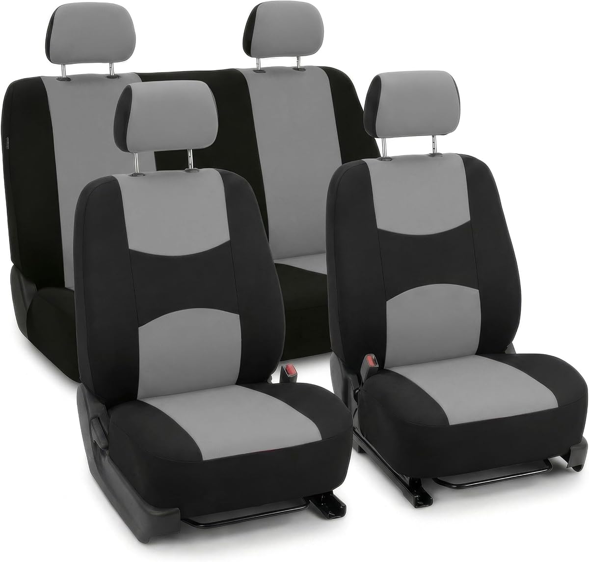 FH Group Juego completo de fundas para asientos de automóvil de tela plana brillante, juego delantero y trasero, fundas para asientos de banco sólido, color gris y negro con. Regalo Accesorios interiores de ajuste universal para automóviles, camionetas y SUV