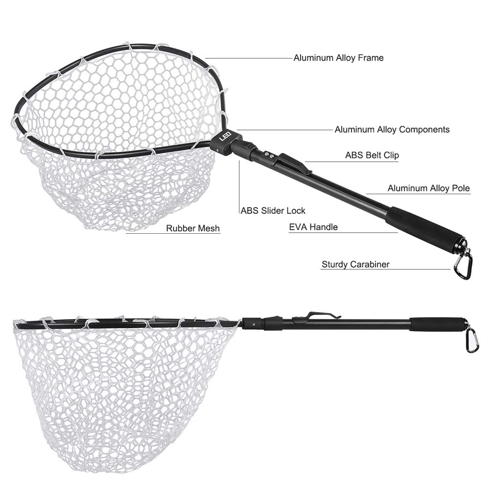 AIKENR Folding Fishing Net, Fly Fishing Landing Net Soft Rubber Safe Catch and Release, Aluminum Alloy Frame and Comfortable EVA Handle with Sturdy Carabiner