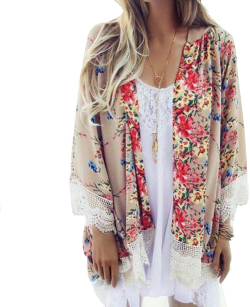 Mixmax Women Ethnic Lace Floral Lace Flowy Sheer Crop Sleeves Loose Chiffon Kimono Cardigan Blouse Top (S, Lace 2)