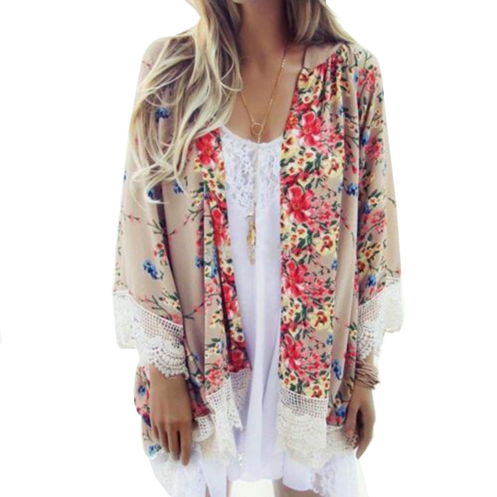 Mixmax Women Ethnic Lace Floral Lace Flowy Sheer Crop Sleeves Loose Chiffon Kimono Cardigan Blouse Top (S, Lace 2)