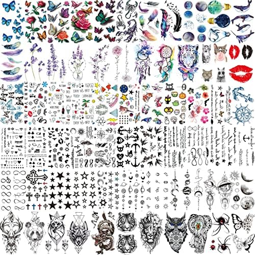 EGMBGM 66 Sheets 430+ PCS Cute Temporary Tattoos For Women Men Adults, Watercolor Butterfly Flower Lavender Fake Tattoo Stickers Kids Boys Girls, Black Star Animals Space Temp Tattoos Dragon Wolf Lion