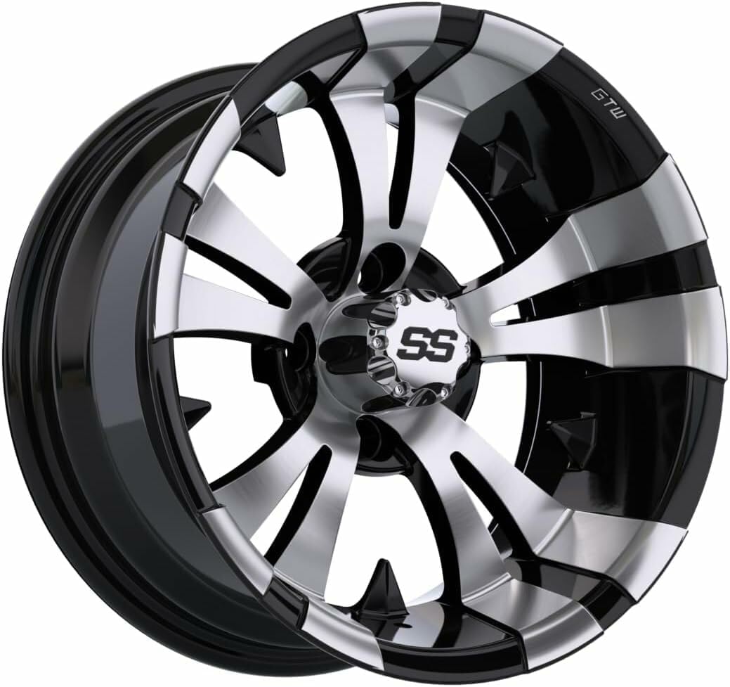 GTW 14 Inch Golf Cart Wheels and Tires Combo | GTW Vampire Machined/Black Wheels on 23x10-14 (23") Rogue All Terrain Tires | Set of 4