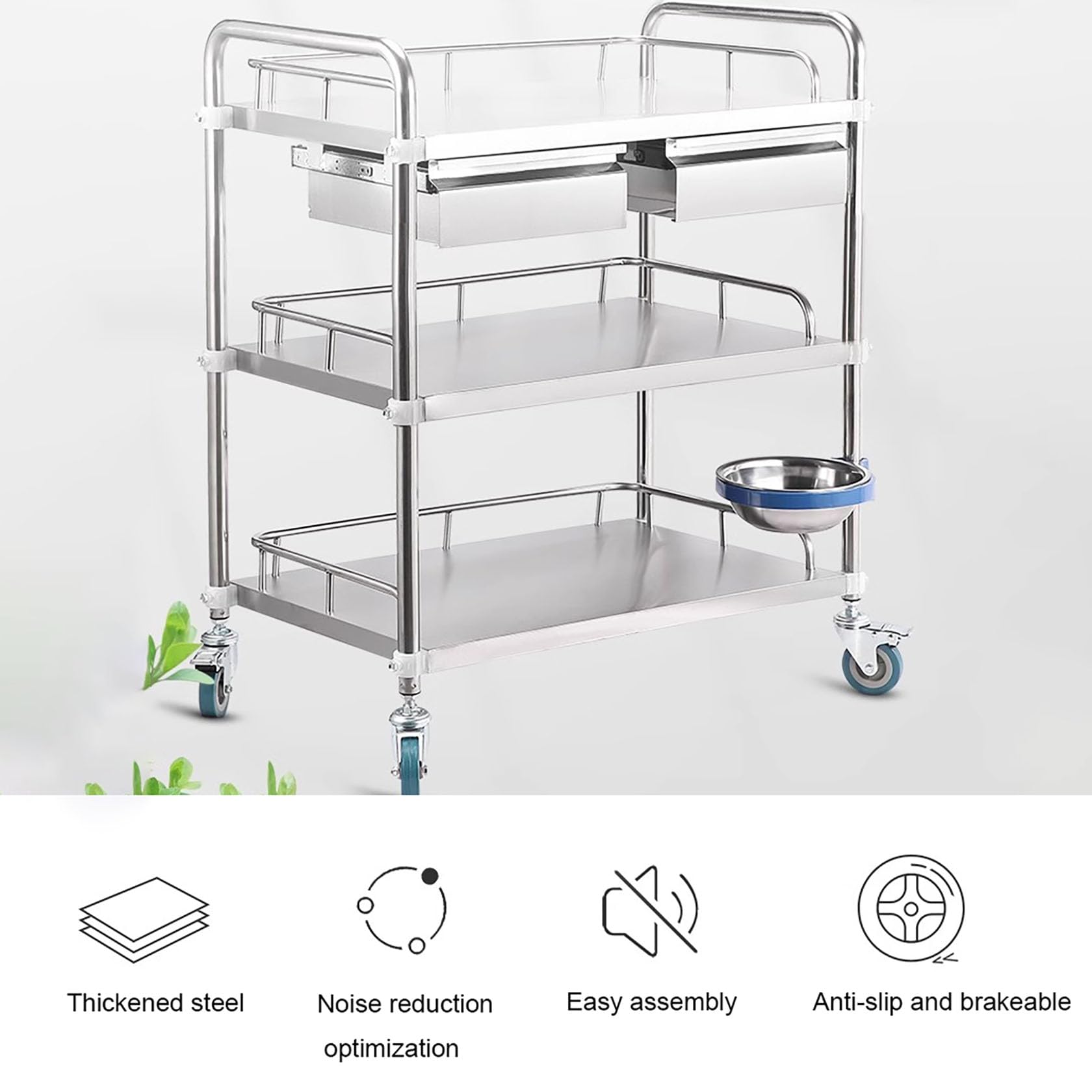 Trolley aus Edelstahl mit 3 Ebenen, Organizer mit 4 Rädern, mit zwei Schubladen für Lehrer, größerer Laborwagen für Küche, Restaurant, Labor und Zuhause