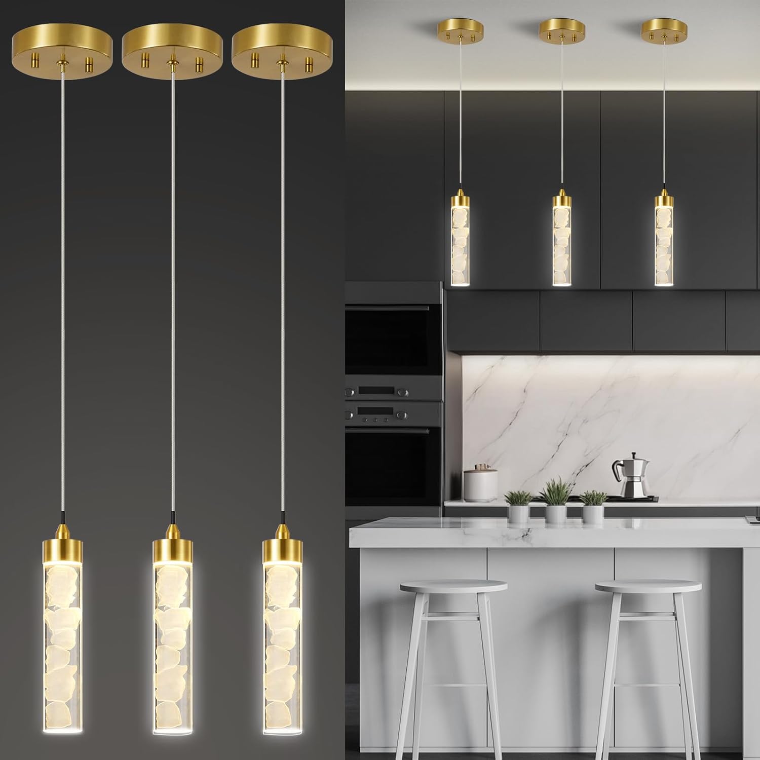 (Similar )Pendant Lights Kitchen Island 3 Pack, Modern Mini Pendant Light Fixtures with Crystal Stone, Dimmable LED Chandelier, Gold Hanging Light Fixture for Dining Room Hallway, 3000-5000K Adjustable, ETL 3-Pack Gold