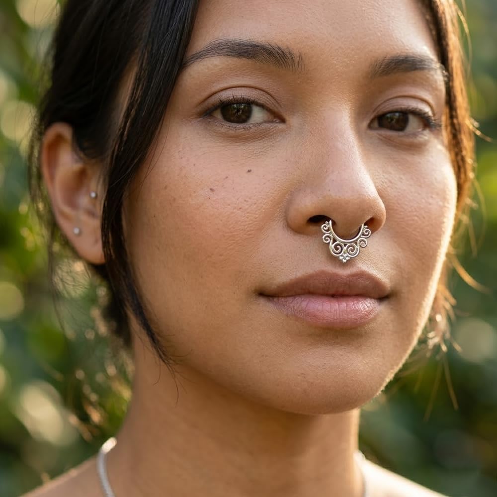 Tribal Floral with Flower Dots Design Stainless Steel Hoop Clip on Fake Septum Nose Rings Non Piercing Lip Ear Ring Faux Body Piercing Jewelry