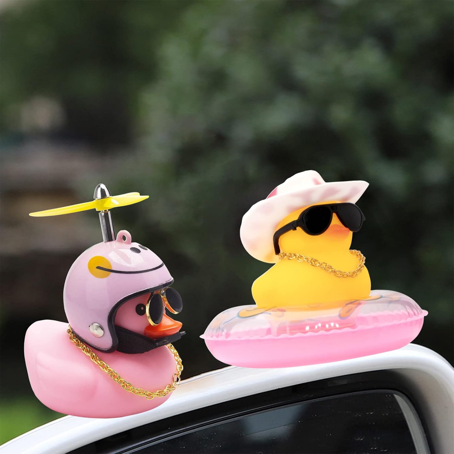 wonuu Swim Ring Rubber Ducks with Cowboy Hat/Propeller Helmet Sunglasses Necklace for Cars Dashboard Decorations Car Accessories Duck Car Ornament, Pink+Pink