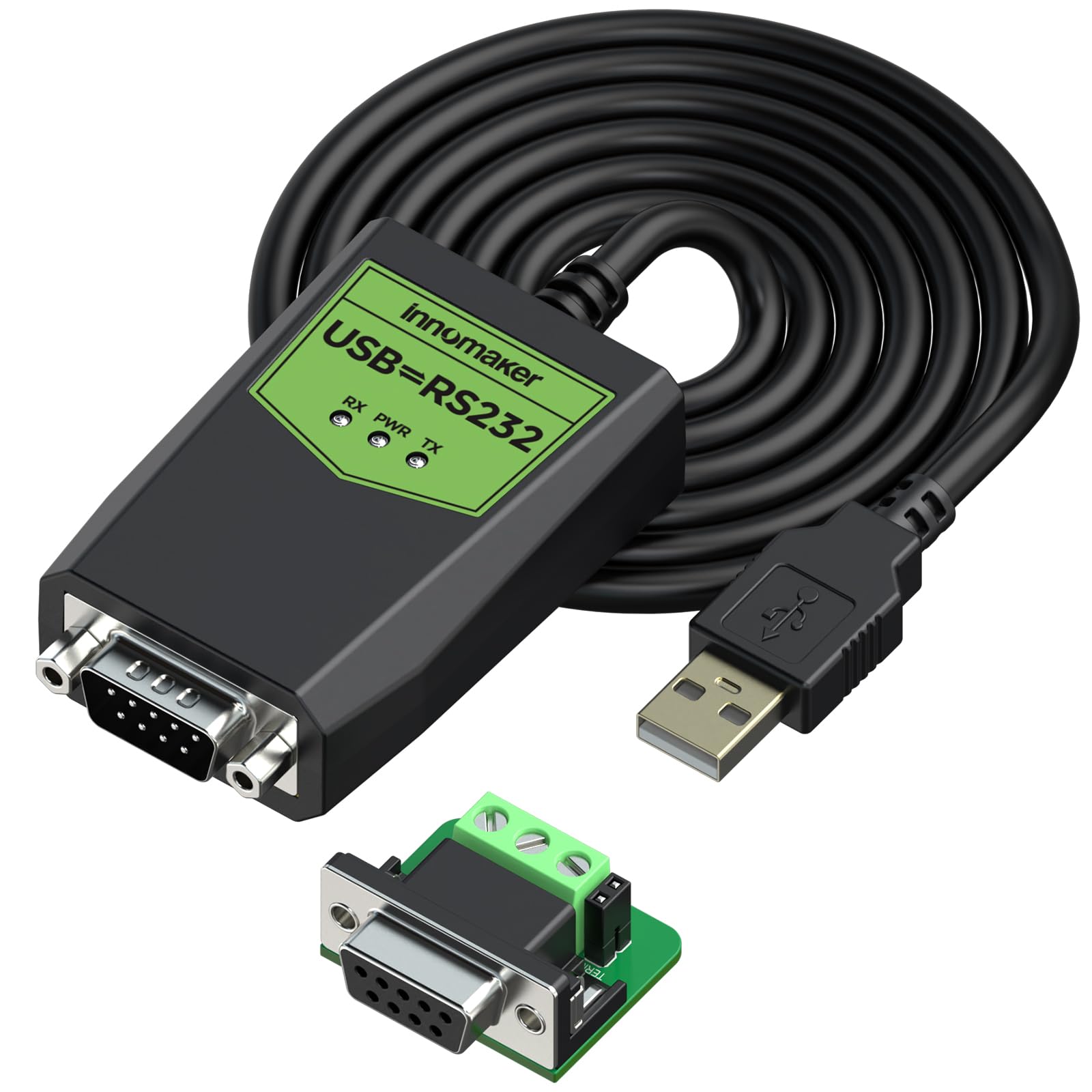 InnoMaker Przemysłowy adapter USB na szeregowy RS232, USB na DB9 męski, Chipset FTDI, Ochrona ESD, Izolacja sygnału/zasilania, Zgodny z Windows 11,10,XP, Mac OS, Android, Linux